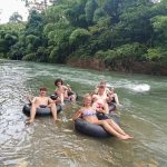 Tourists tubing on tires on the Sok River in Khao Sok.
